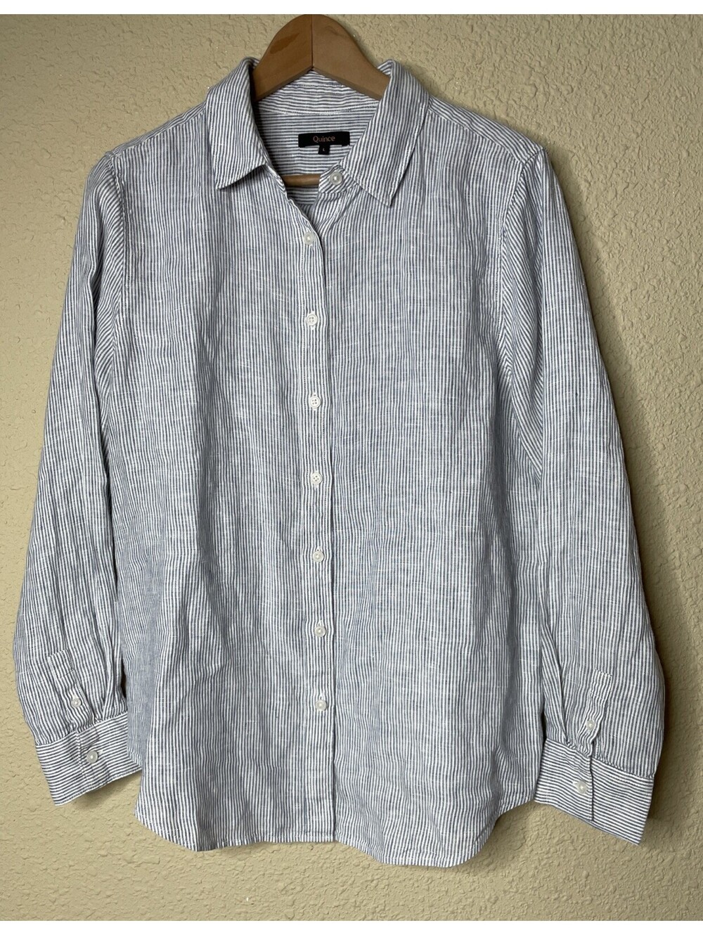 Quince 100% European Linen Long Sleeve Shirt Size L Blue Pinstripes